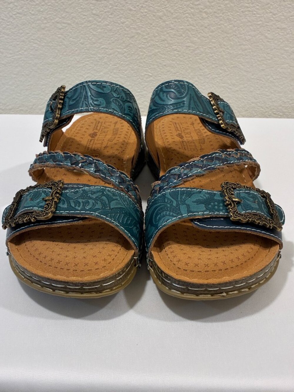 L'Artiste by Spring Step Astra Hand Painted Blue Leather Slide Sandals 9 NEW